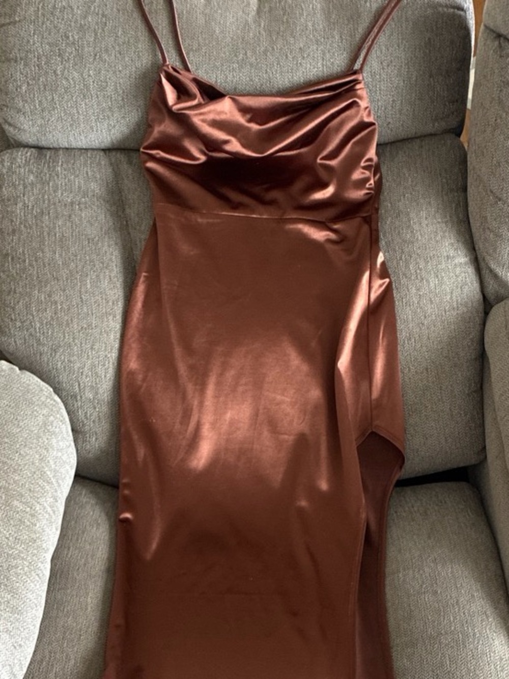 Windsor Satin Cowl Slip Maxi Dress in Copper Brown
